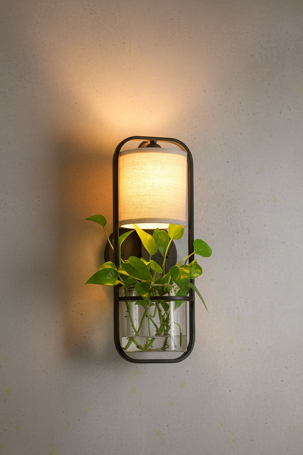 HDC Black Metal Frame and Fabric Shade Premium Wall Lamp with Planter For Living Room, Bedroom, Balocny