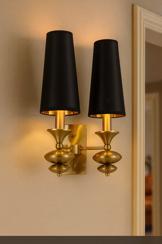 HDC Regal Twin Noir Wall Sconce with Brushed Gold Detailing and Black Shades