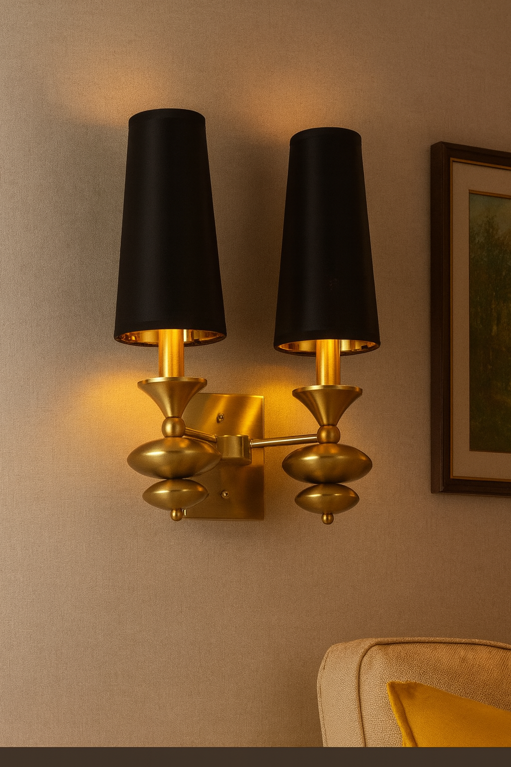 HDC Regal Twin Noir Wall Sconce with Brushed Gold Detailing and Black Shades