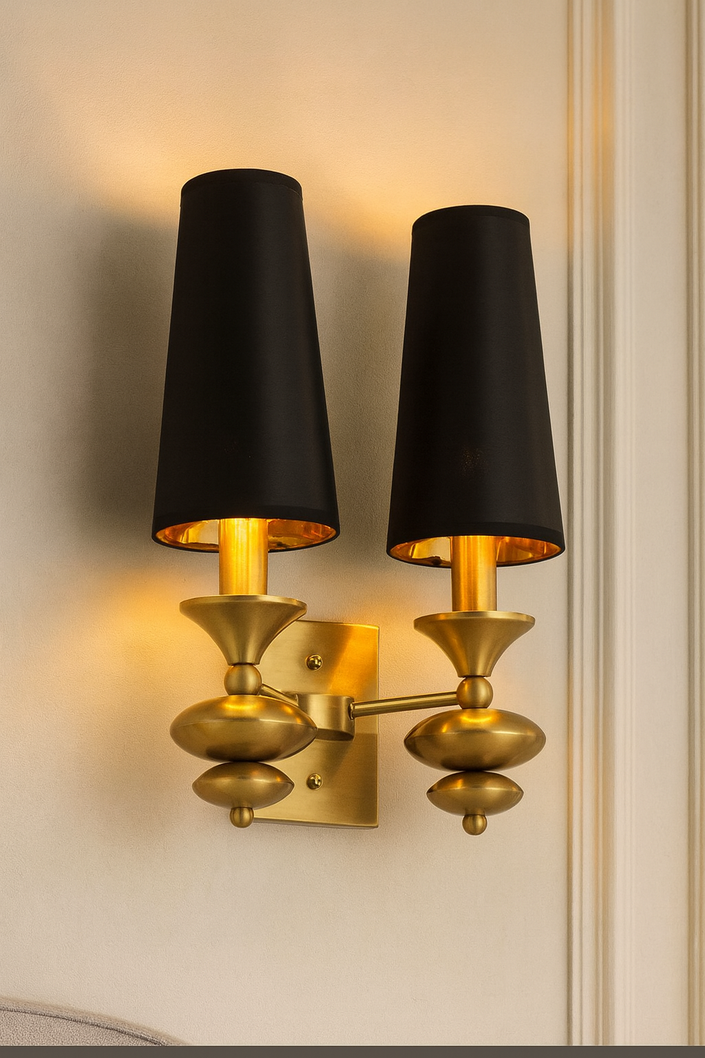 HDC Regal Twin Noir Wall Sconce with Brushed Gold Detailing and Black Shades