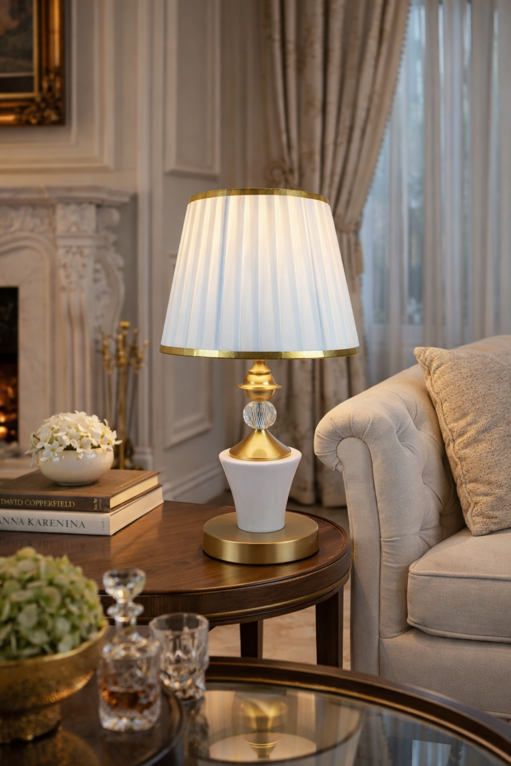 HDC Black & White Table Lamp with Gold Finish Base – Premium Bedside & Living Room Decorative Lamp