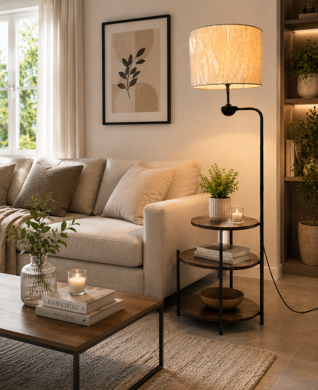 HDC Modern Floor Lamp with Side Table & Shelf for Bedroom, Living Room