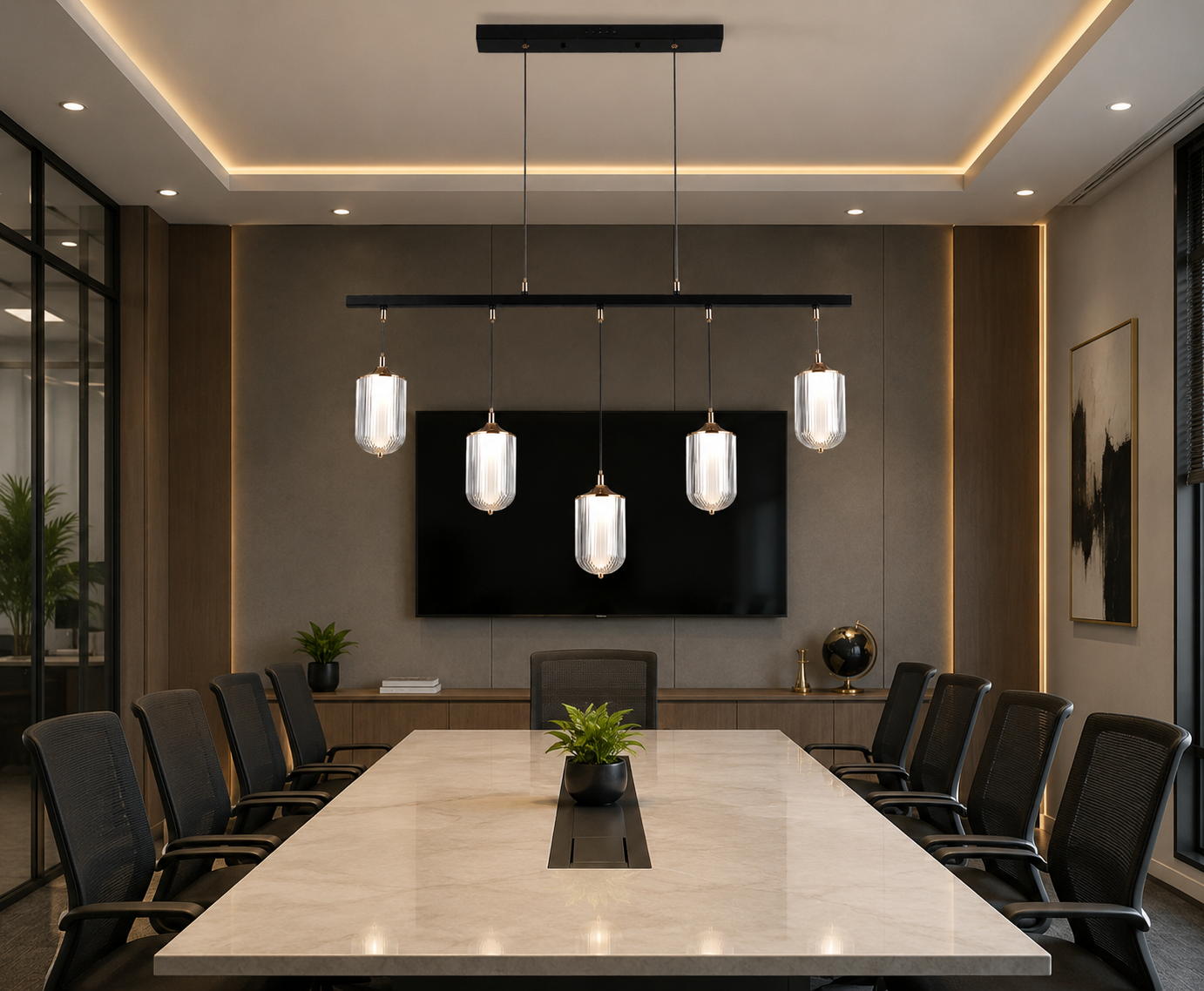 HDC 1000mm Modern 5-Light Linear Glass Pendant Chandelier for Living Room