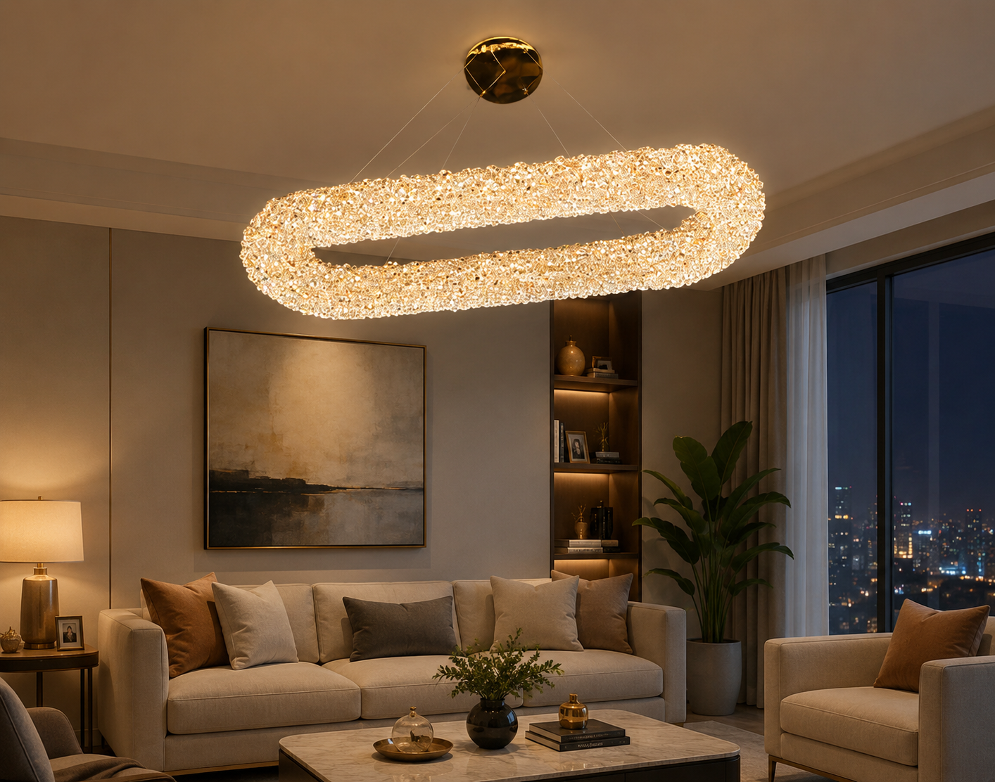 HDC Luxury Crystal Oval LED Chandelier for Bedroom, Living Room