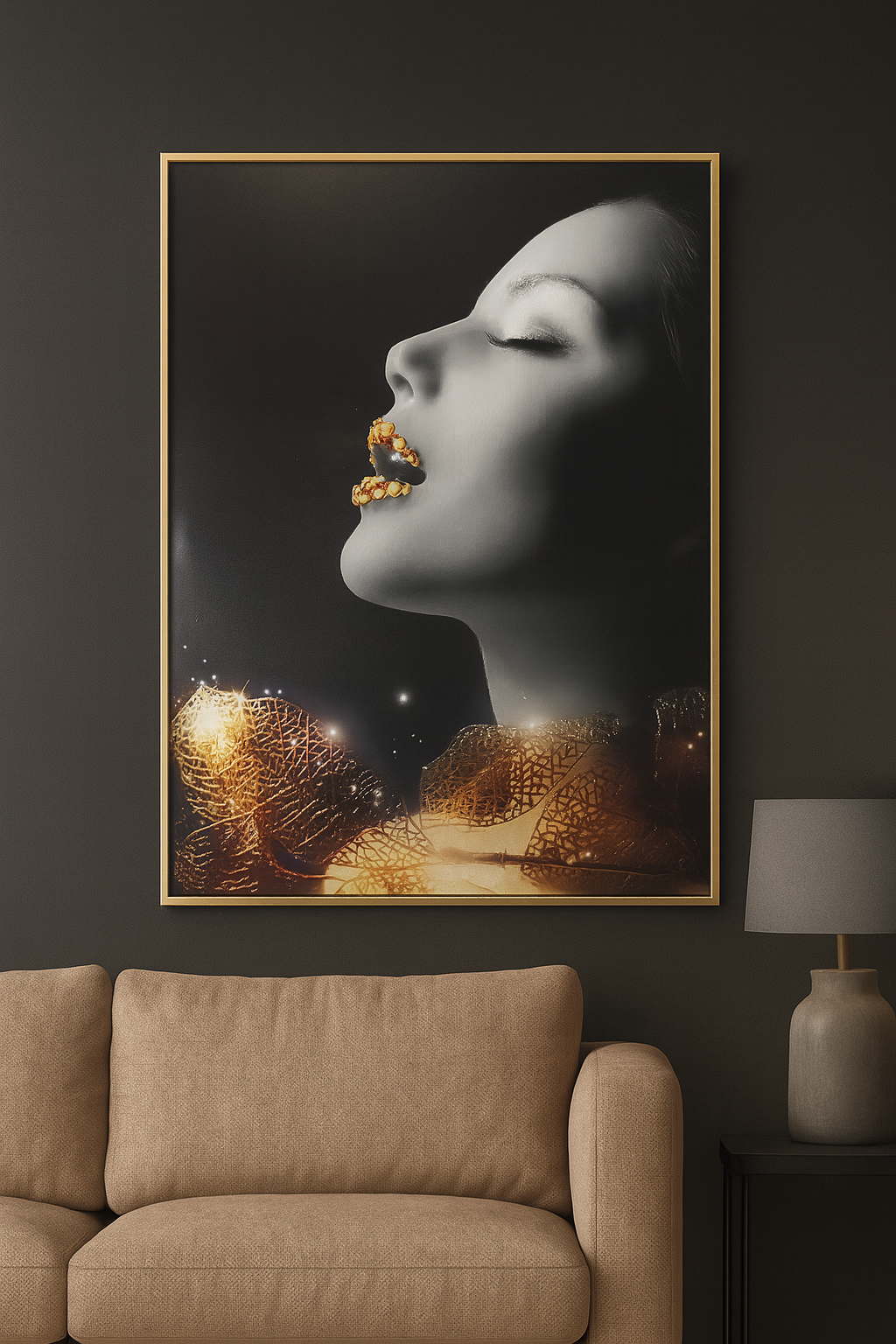 Hdc Golden Makeup Woman Lips with Gems Portraits Aesthetic Wall Art Poster for Living Room, Home & Wall Decor