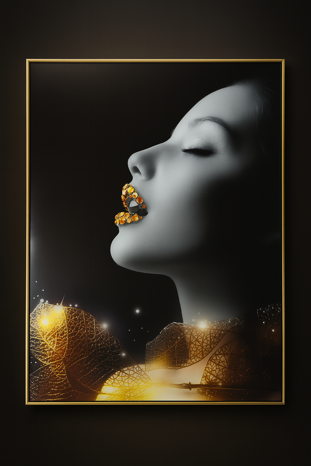 Hdc Golden Makeup Woman Lips with Gems Portraits Aesthetic Wall Art Poster for Living Room, Home & Wall Decor