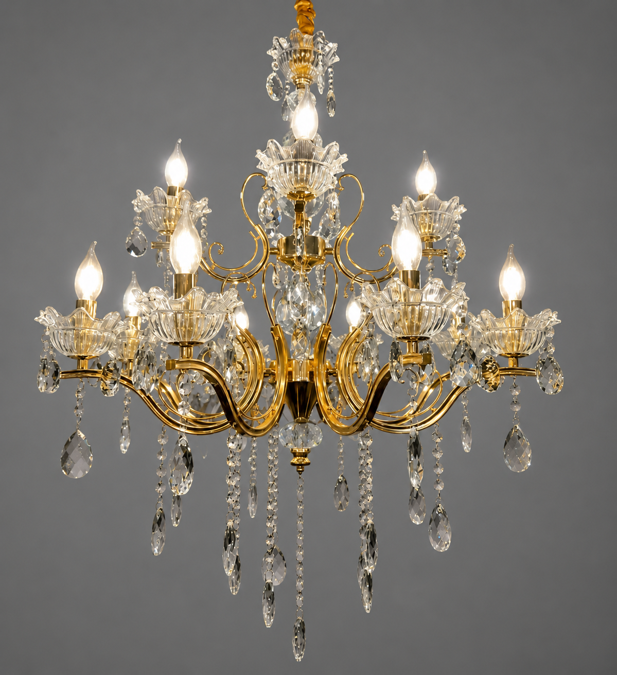 HDC Luxury 15 Light Gold Crystal Glass Chandelier Ceiling Light for Living Room, Dining Hall & Hotel Lobby