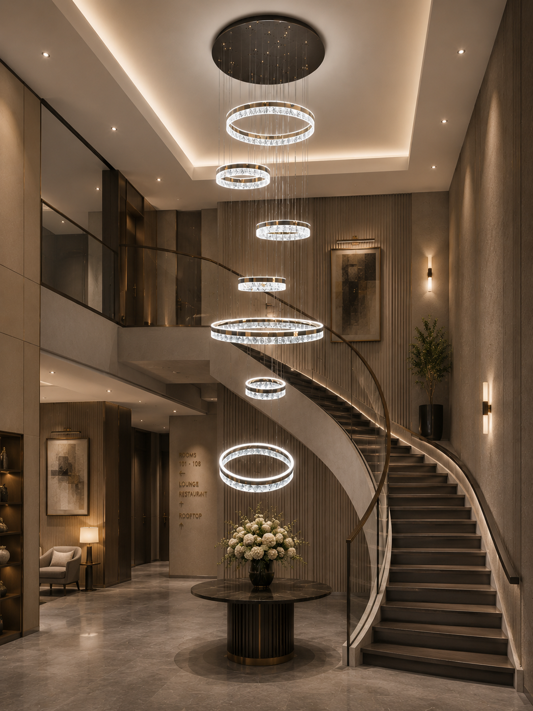 HDC Luxury 7 Light Crystal Ring Multi-Layer Chandelier for Double Height Ceiling