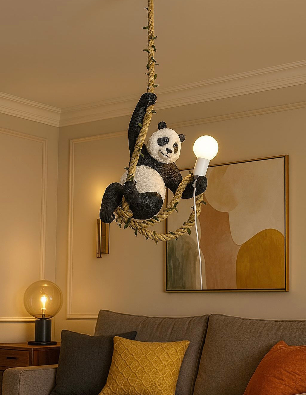 HDC Panda Hanging Light Decorative Ceiling light Pendant Light With Hemp Rope