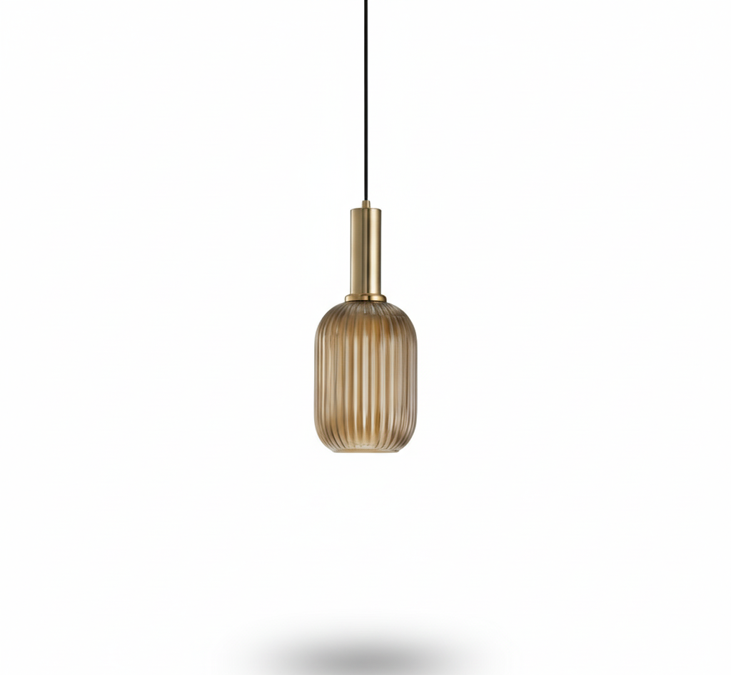 HDC Modern Ribbed Glass Pendant Light – Amber Gold Hanging Lamp