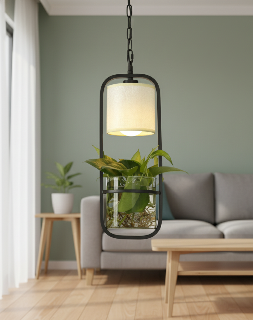 Hdc Modern Black Frame with Glass Planter and Fabric Shade Hanging Planter LED Pendant Light