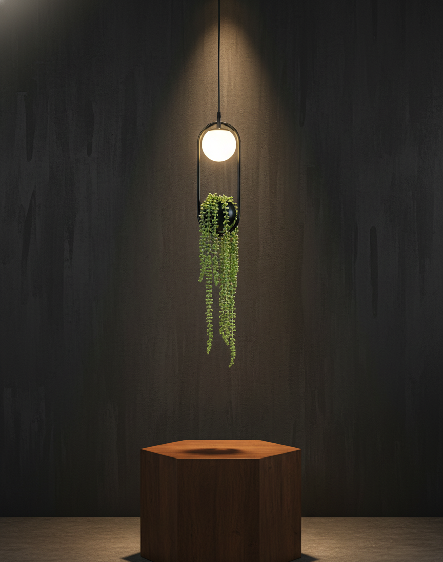 Hdc Modern Black Pendant Light with Glass Globe Hanging LED Lamp with Planter Pot