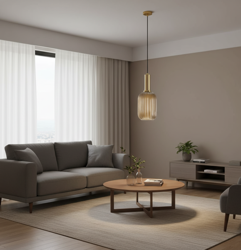 HDC Modern Ribbed Glass Pendant Light – Amber Gold Hanging Lamp