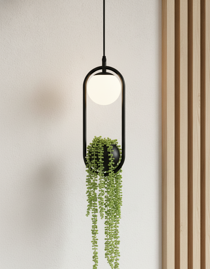 Hdc Modern Black Pendant Light with Glass Globe Hanging LED Lamp with Planter Pot
