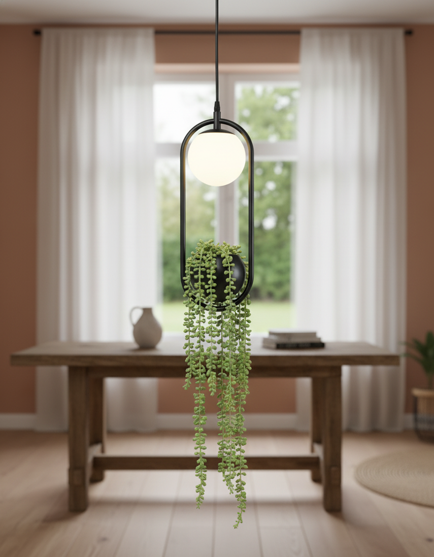 Hdc Modern Black Pendant Light with Glass Globe Hanging LED Lamp with Planter Pot