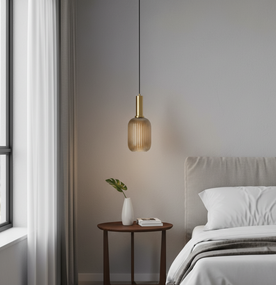 HDC Modern Ribbed Glass Pendant Light – Amber Gold Hanging Lamp