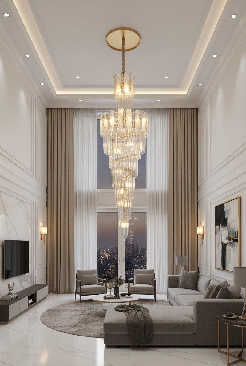 HDC 600*1800MM Golden Luxury Modern Crystal Double Height Chandelier For Staircase