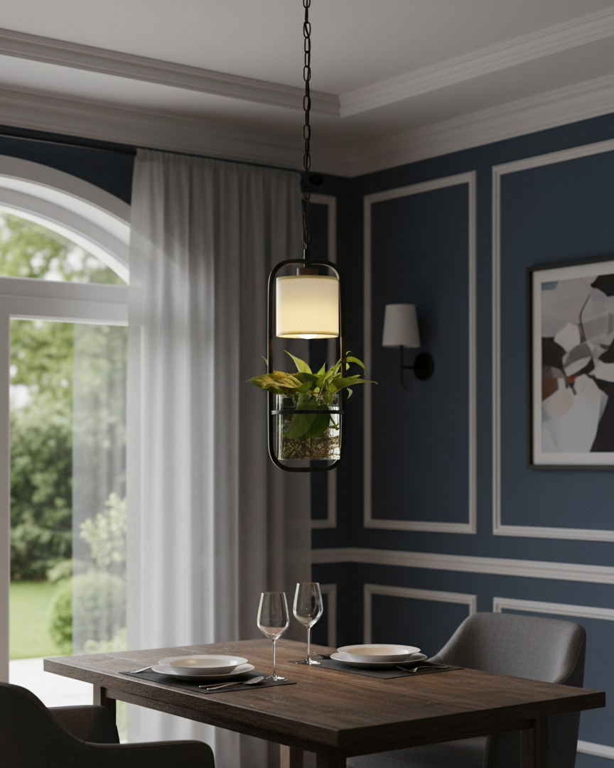 Hdc Modern Black Frame with Glass Planter and Fabric Shade Hanging Planter LED Pendant Light