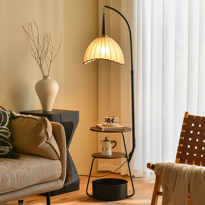 Hdc Decorative Floor Lamp with Shelves 3-Tier Wooden Storage & Fabric Shade Standing Lamp with Table for Living Room, Bedroom, Office
