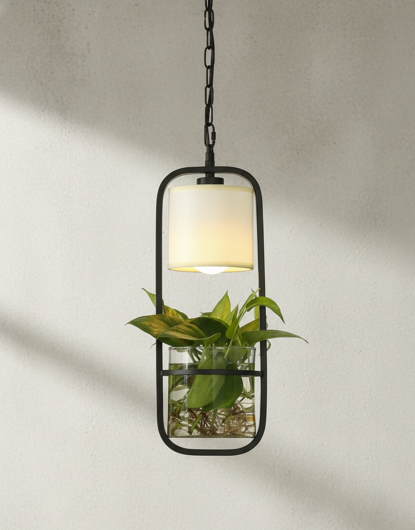 Hdc Modern Black Frame with Glass Planter and Fabric Shade Hanging Planter LED Pendant Light