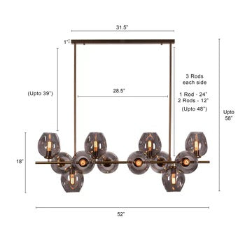 HDC 12 Light Pvc Coated Smoky Glass Chandelier Ceiling Lights Hanging - Warm White