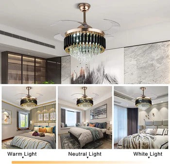 HDC 42" Modern Creative Design Chandelier Ceiling Fan with LED Lighting,Crystal Chandelier Fan Gold Retractable Ceiling Fan Light
