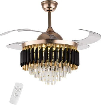 HDC 42" Modern Creative Design Chandelier Ceiling Fan with LED Lighting,Crystal Chandelier Fan Gold Retractable Ceiling Fan Light