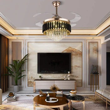 HDC 42" Modern Creative Design Chandelier Ceiling Fan with LED Lighting,Crystal Chandelier Fan Gold Retractable Ceiling Fan Light