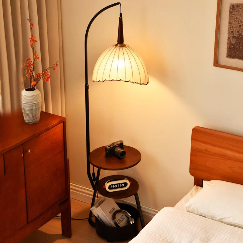 Hdc Decorative Floor Lamp with Shelves 3-Tier Wooden Storage & Fabric Shade Standing Lamp with Table for Living Room, Bedroom, Office
