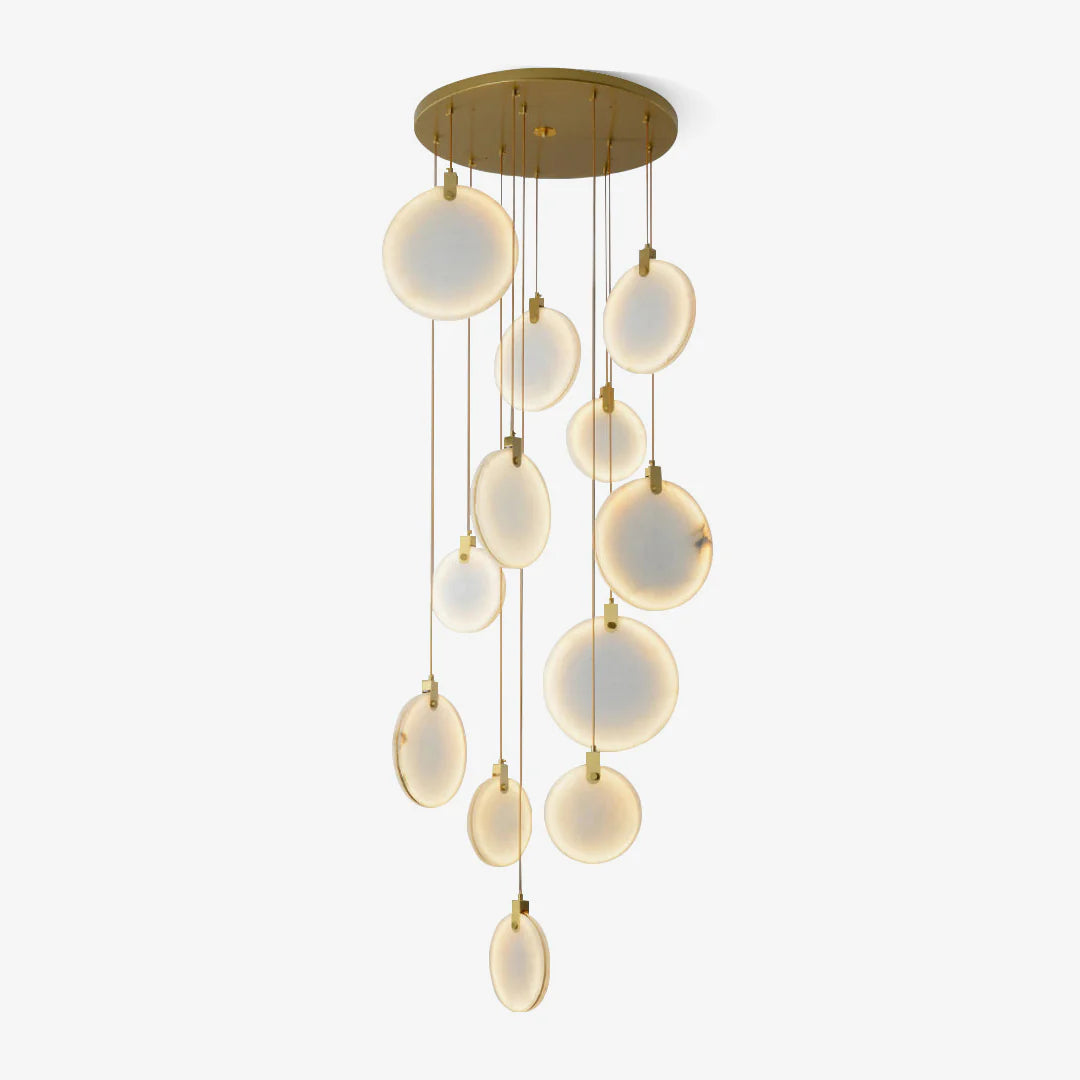 HDC Modern Multi-Drop Brass Pendant Chandelier with Warm LED Imitated Marble Discs Luxury Double Height Chandelier For Staircase
