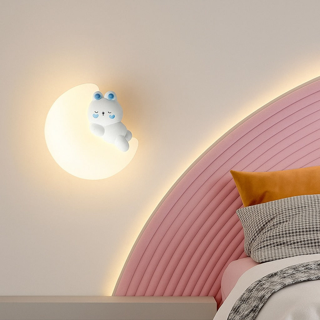 HDC Kids Milk White Shade Blue Ears LED Rabbit Cloud Wall Sconce for Boys Girls Room- Tricolor