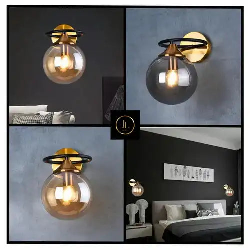 HDC Amber/Smoke Glass Wall Lamp Nordic Style Bedside Lamp Lighting For Bedroom Living Room