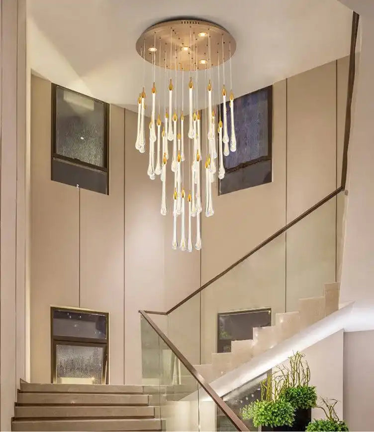 HDC Led Crystal Double Height Stair Chandelier Tricolor