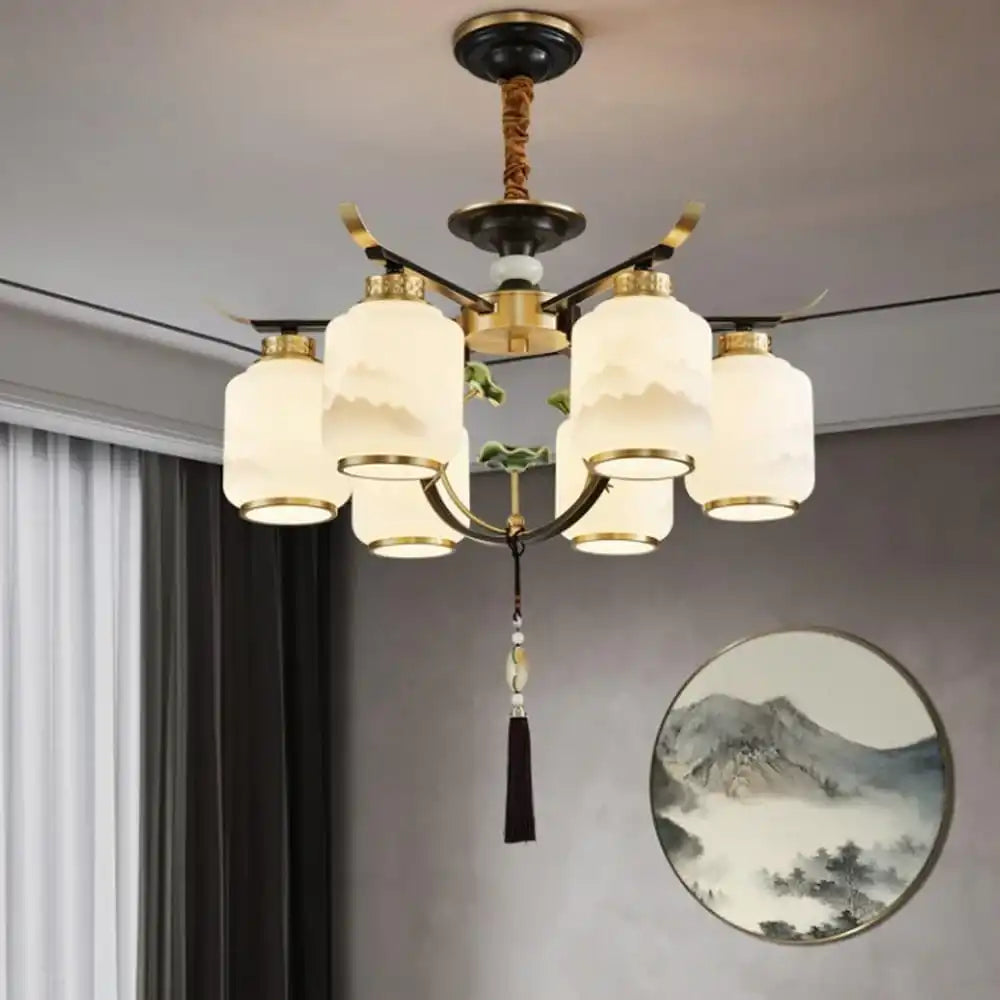 Hdc 6 Lights Traditional Chinese Iron Frame Cylinder Glass Shade Chandelier For Living Room