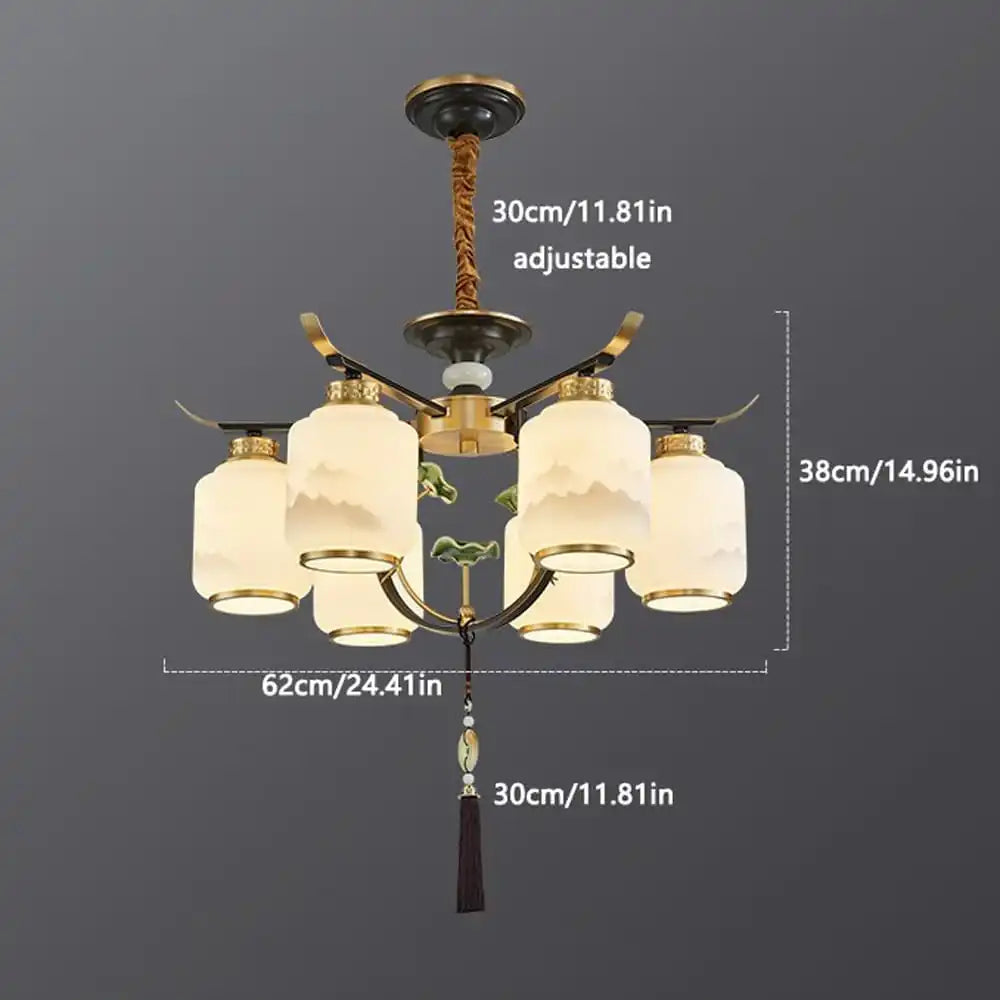 Hdc 6 Lights Traditional Chinese Iron Frame Cylinder Glass Shade Chandelier For Living Room