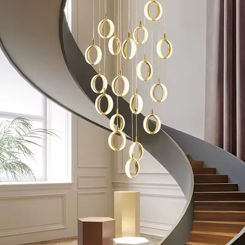 HDC 20 Lights LED Crystal Ring Double Height Stair Chandelier- Tricolor