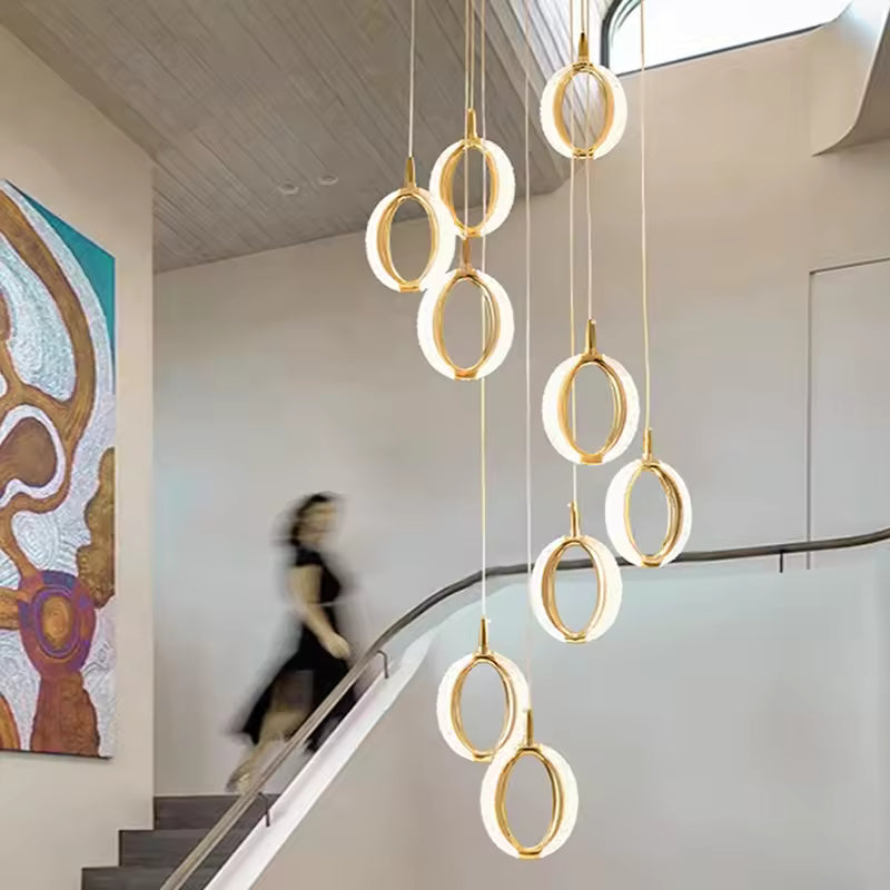 HDC 20 Lights LED Crystal Ring Double Height Stair Chandelier- Tricolor