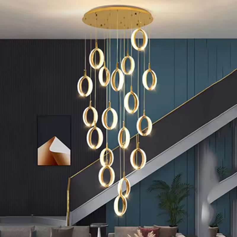 HDC 20 Lights LED Crystal Ring Double Height Stair Chandelier- Tricolor