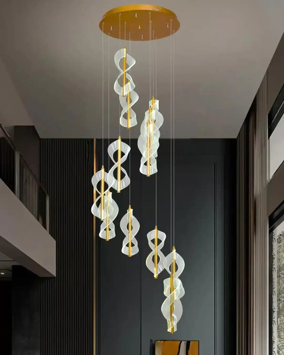 HDC 12 Lights Led Nordic Staircase Gold Double Helix Rotating Double Height Stair Chandelier- Tricolor