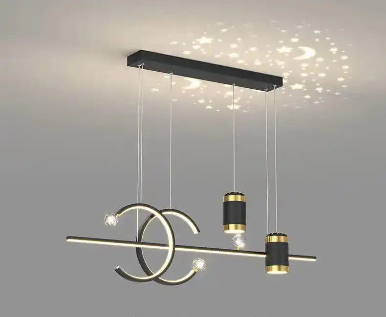 Hdc Led Gold Black Body Linear Led Chandelier Light Hanging Lamp With Star Projection