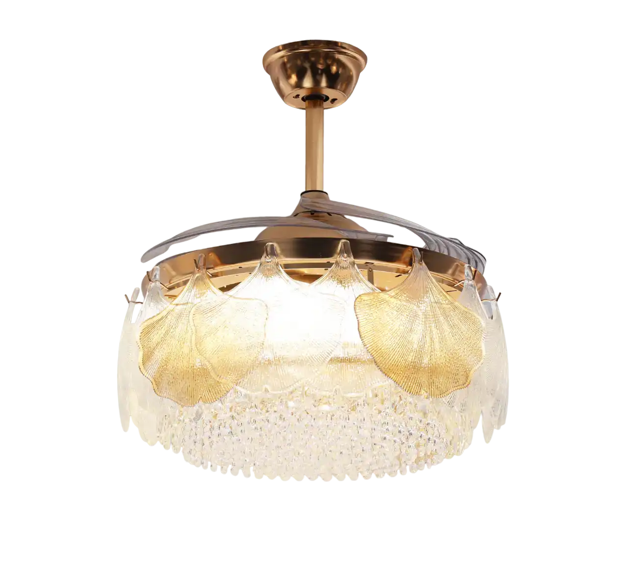 Hdc Feather Glass Crystal Ceiling Fan Chandelier Luxury Gold Retractable Light Led 3 Color Setting Control With Remote