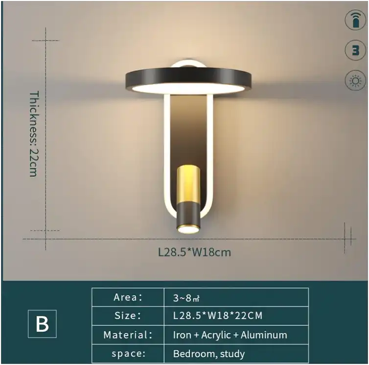 Hdc Led Wall Lamp With Spotlight 3 Colors Changeable Adjustable Angle - Black Bedside Lamp Study Room Bedroom, Chandeliers For Kitchen