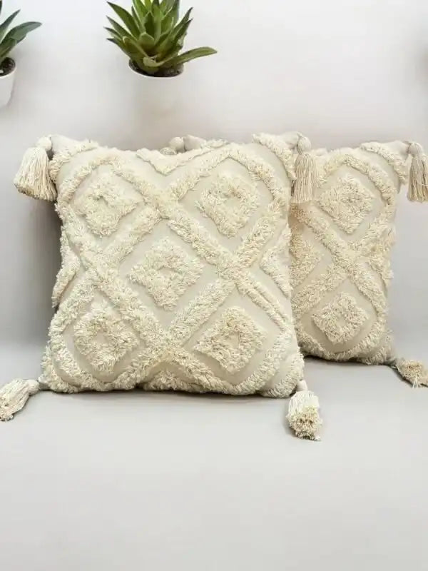 Hdc Luxury Cotton Handmade Decorative Boho Throw Pillow Covers with Tassels 16″X16″ for Decorative Sofa Couch Living Room Indoor Outdoor Chair Farmhouse