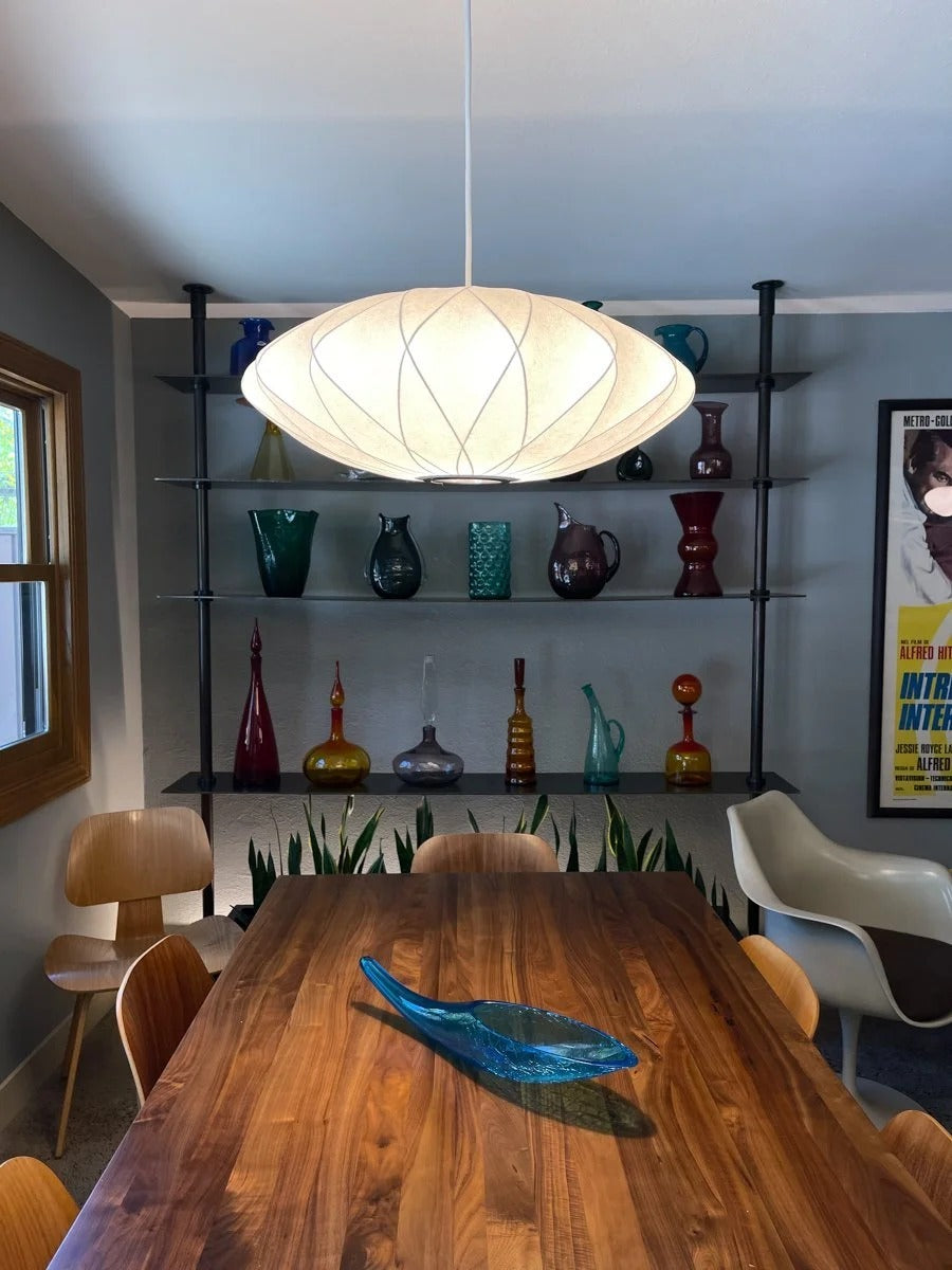 HDC Modern Metal Ceiling Light Geometric Shape Pendant Lamp with Silk Shade for Living Room