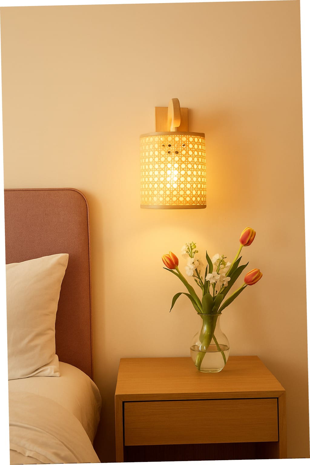 HDC Handcrafted Wooden Cane Woven LED Sconce with Curved Wooden Wall Lamp forBedroom, Living Room & Café Décor Light