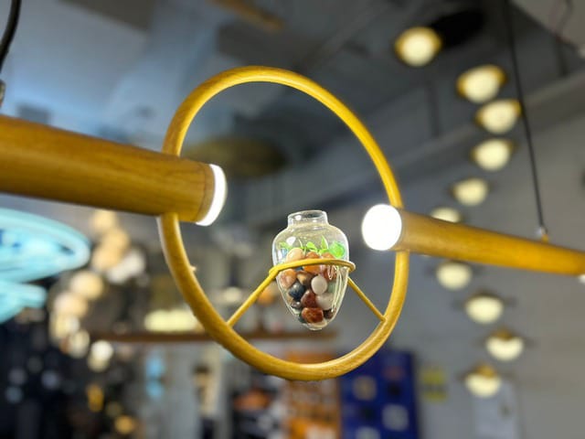 HDC 950mm Wooden Ring Pendant Light with Glass Center Decor Linear LED Hanging Lamp for Dining Table, Living Room & Restaurants