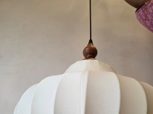 HDC Modern Cream & Walnut Fabric Pendant Hanging Light with Wooden Accent for Living Room, Bedroom