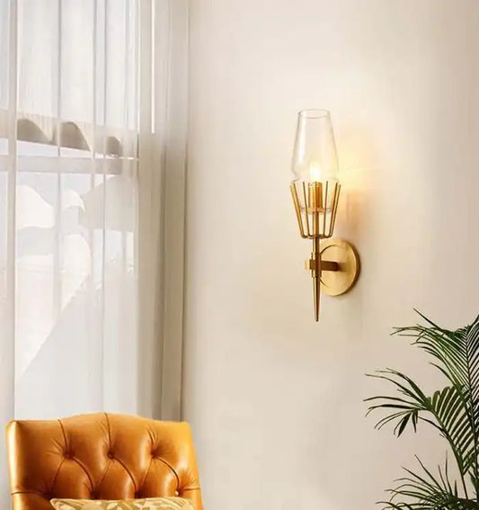 HDC Light Gold Metal Amber Glass Wall Light Copper Metal