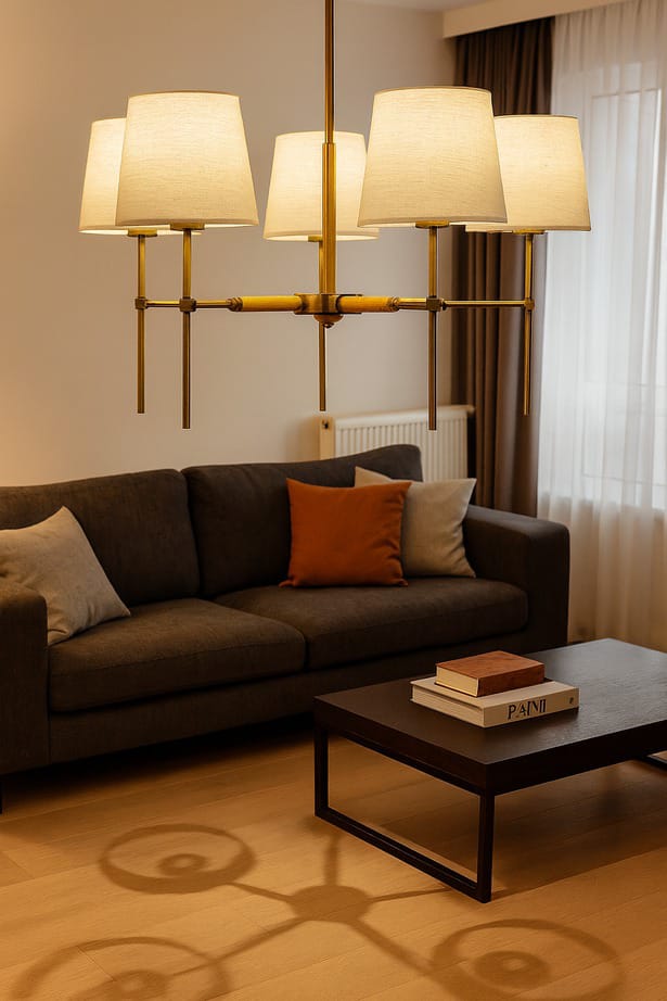 HDC 5-Light Metal & Wood Classic Golden Fabric-Shade Chandelier For Living Room