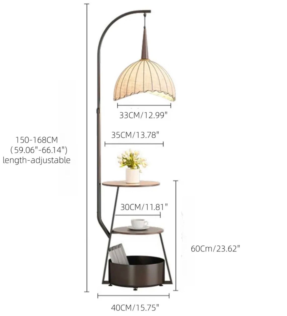 Hdc Decorative Floor Lamp with Shelves 3-Tier Wooden Storage & Fabric Shade Standing Lamp with Table for Living Room, Bedroom, Office